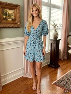 Vineyard Vines Marina Light Blue Floral V-Neck Puff Sleeve Mini Dress